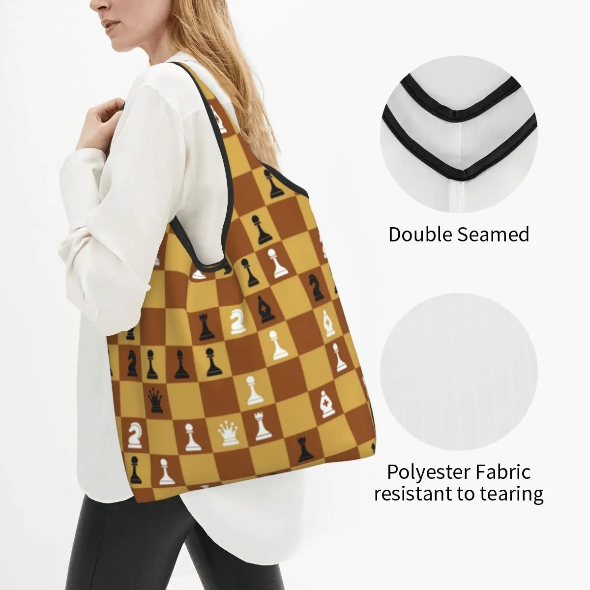 Fashion Chess Board Shopping Tote Bag Portable Chessboard Game Player Grocery Shoulder Shopper Bag