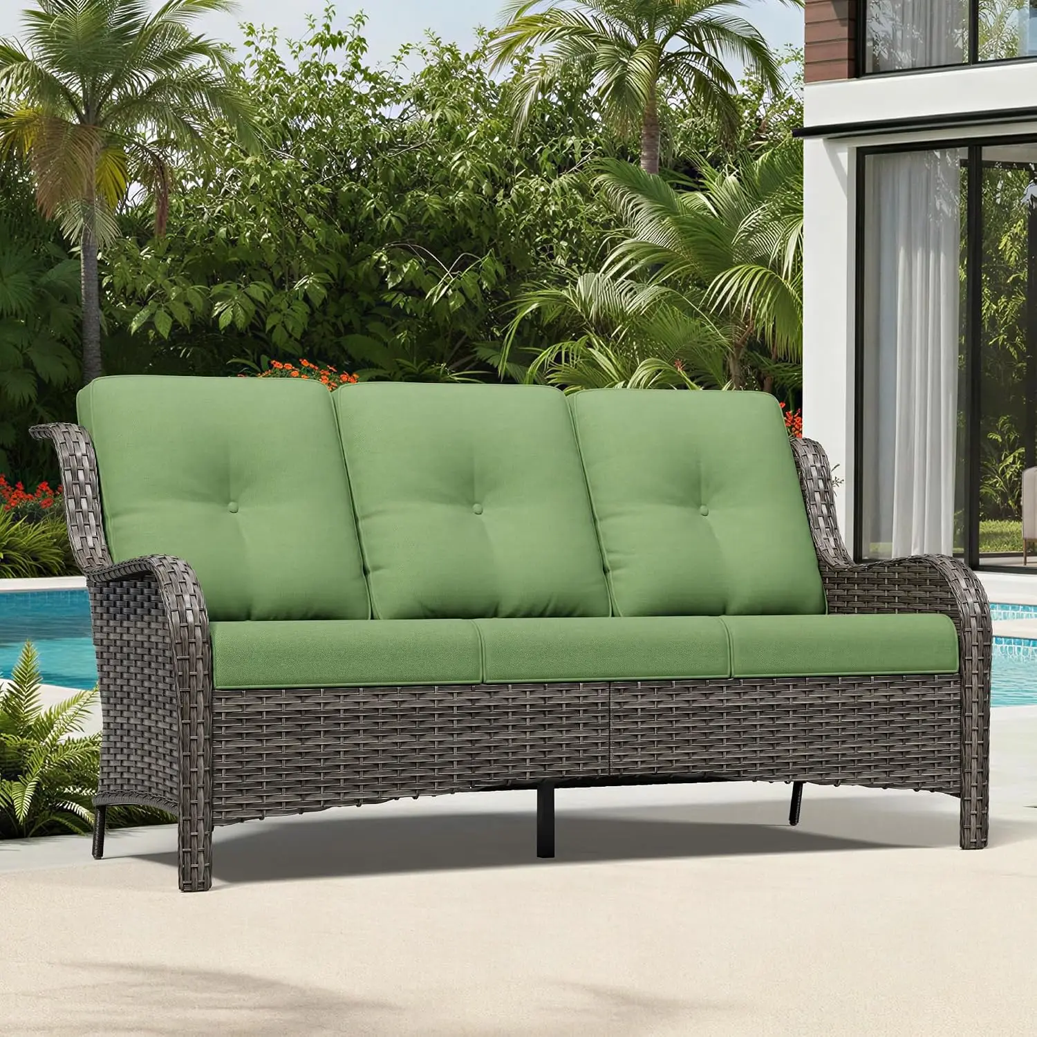 Outdoor Wicker Sofa 3-Seater High Back Deep Seat Wide Armrest Thick Cushion Patio Deck Porch Use, Customized