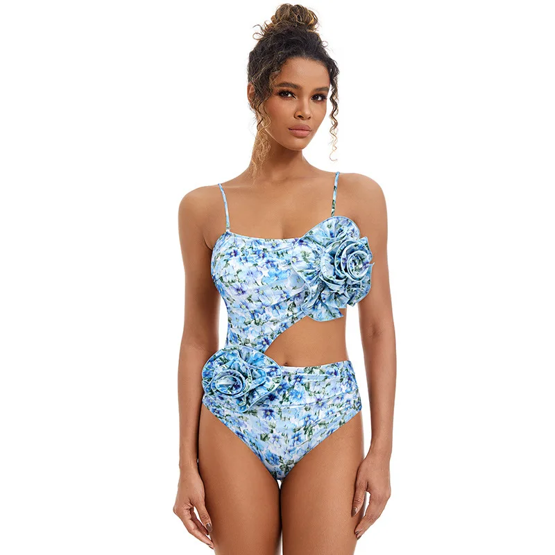 

2024 New Women's One-Piece Swimsuit Floral Decoration Hollow out Design Surfing Suit ort Sve Fixed Chest Pad Polyester