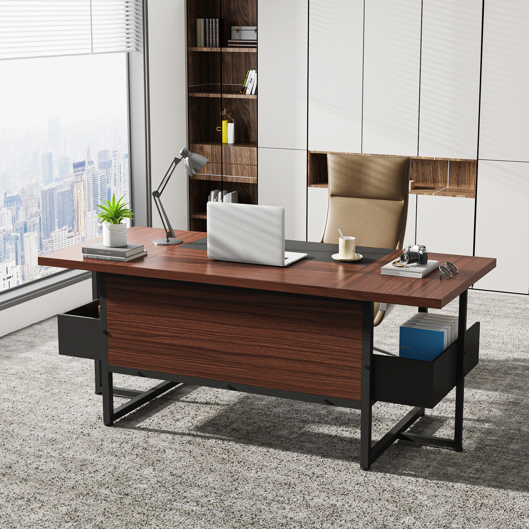 Tribesigns Executive Desk：62 Inch Large Computer Office Desk Workstation with Storage Shelves, Home Office Desk