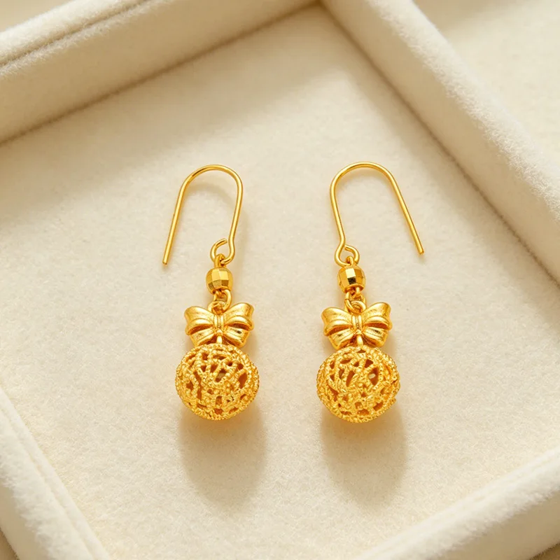 Elegant gowns coordinate Exquisite Ball Bow Earrings for women from pure 24K Gold forming stable AU999 texture