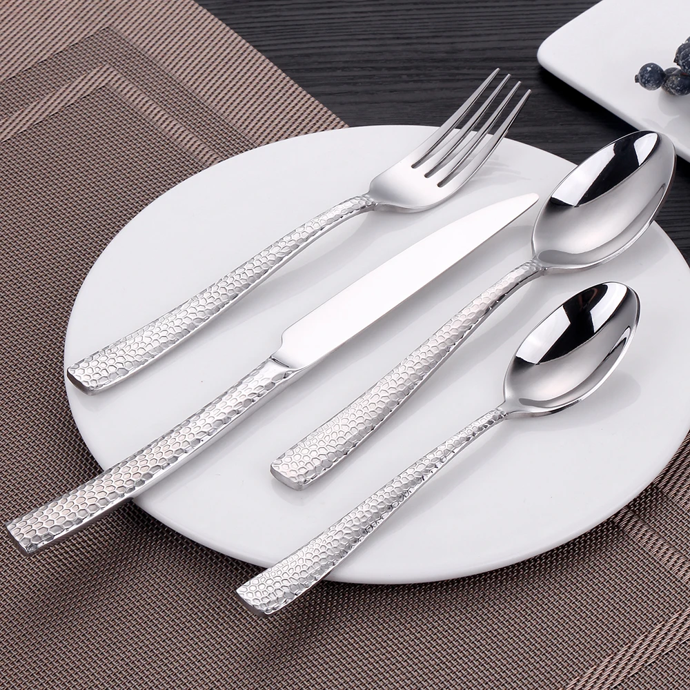 16 Pieces Hammered Handle Mirror Dinnerware Knife Fork Spoon For 4 Cutlery Set Stainless Steel Western Kitchen Silverware Set