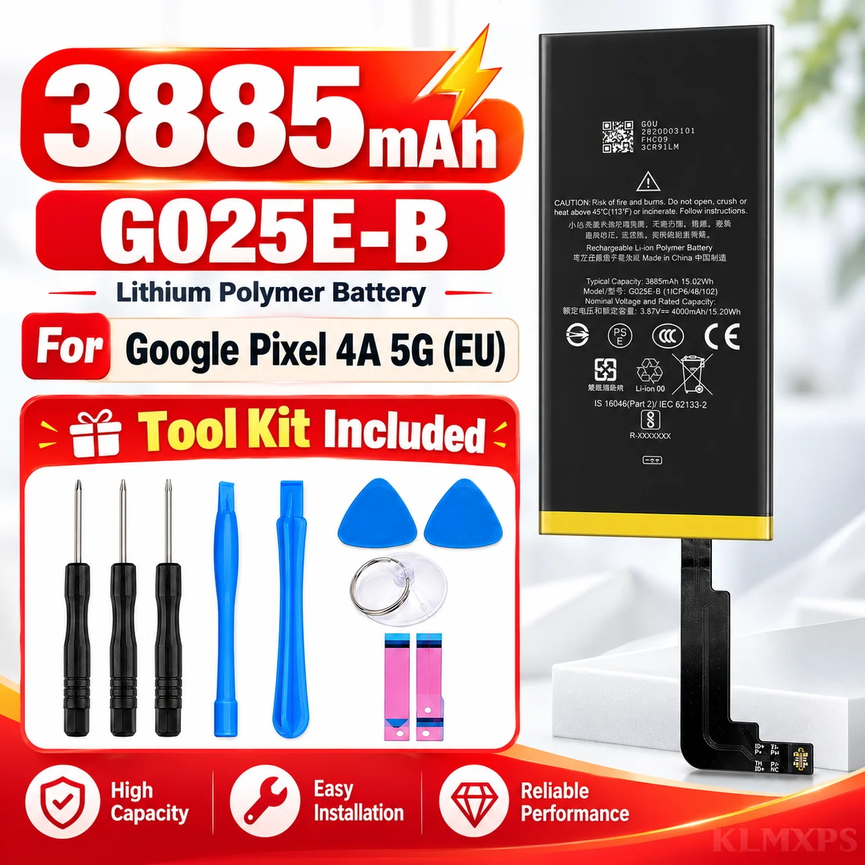 3885mAh G025E-B Battery Replacement for Google Pixel 4A 5G EU Lithium Polymer Battery with Repair Tool Kit