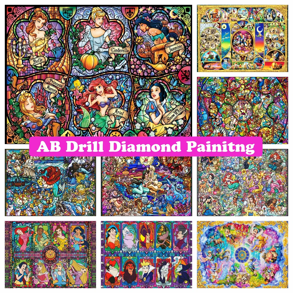 Stained Glass Disney AB Drill Diamond Painting Embroidery Cartoon Fairy Tale Princess Cross Stitch Rhinestone Children's Gifts