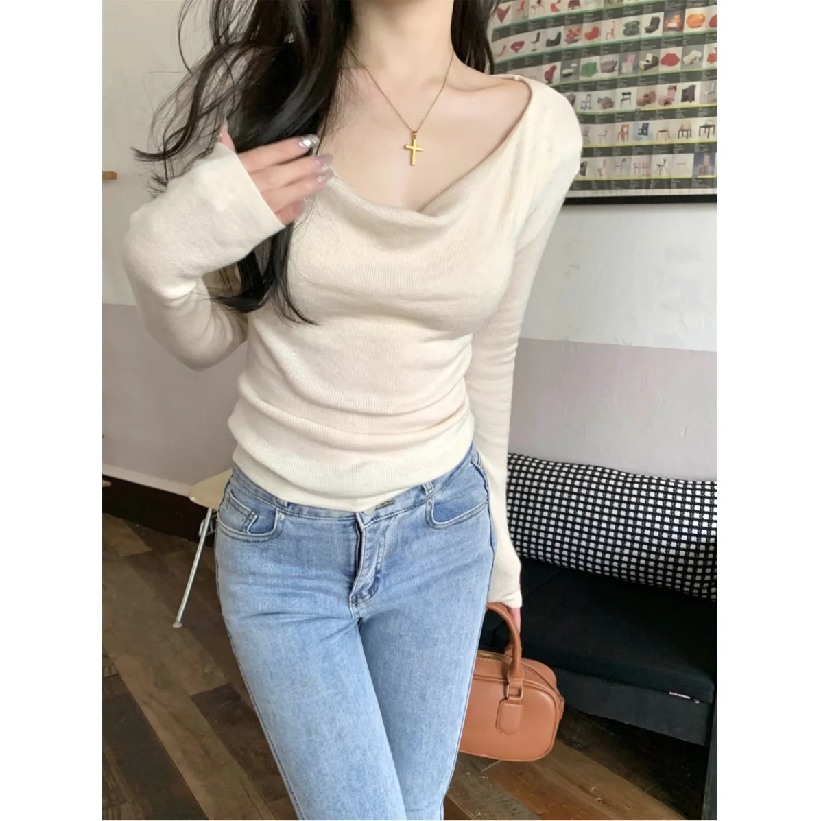 تصميم معقول المرأة سترة صوف محبوكة سليم صالح واحد الكتف قاعدة irt ربيع جديد Sle تخفيف لون نقي طويل Sve #3