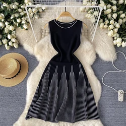 Vintage Elegant o neck sleeveless knit Striped Dress A-line Fashion Spring summer Beach Vestidos Women Dresses