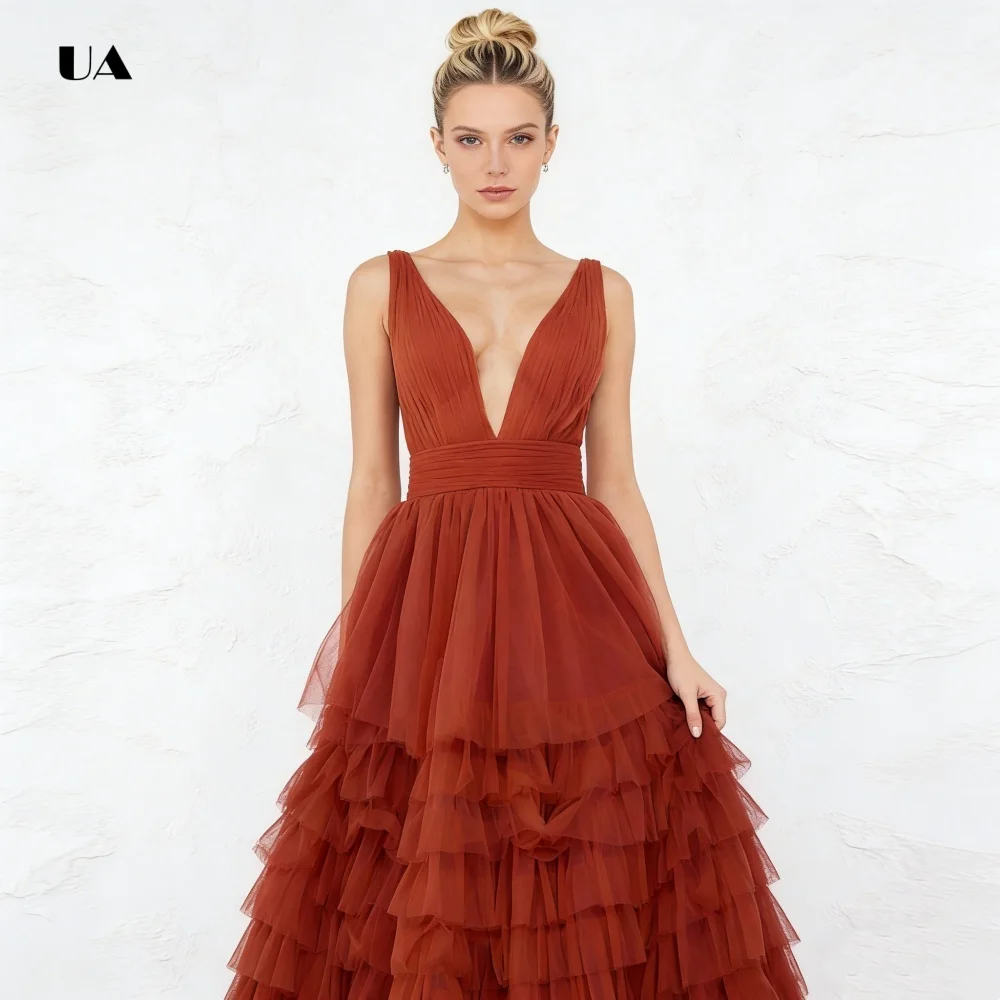 فستان حفلة موسيقية بسيط مكشكش بطبقات مع رقبة على شكل حرف V عميقة، فساتين سهرة شبكية صلبة للنساء، فستان حفلات كلاسيكي مخصص