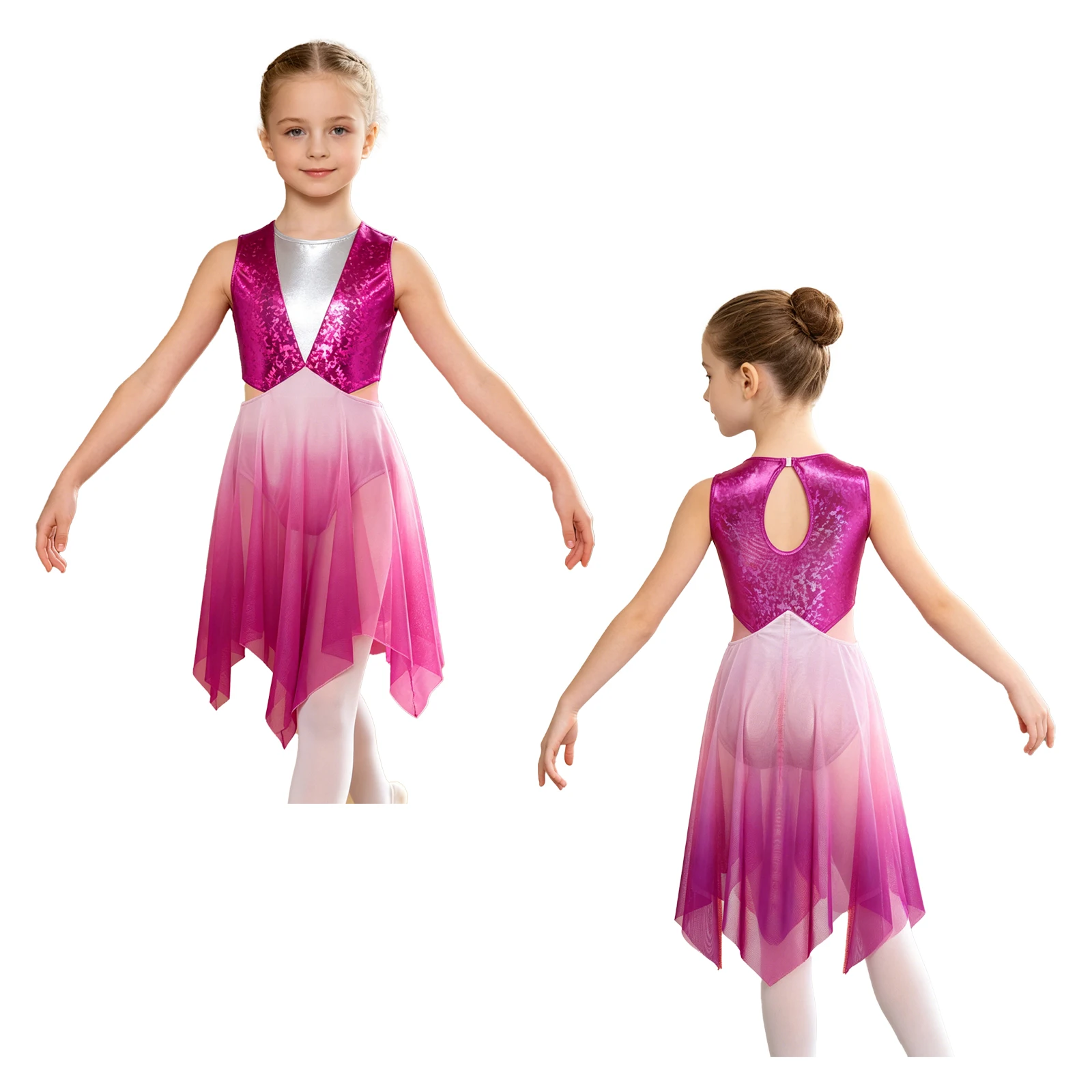 Kids Girls Lyrical Dance Dresses Sleeveless Metallic Asymmetrical Gradient Mesh Dress Praise Ballroom Church Choir Worship Wear