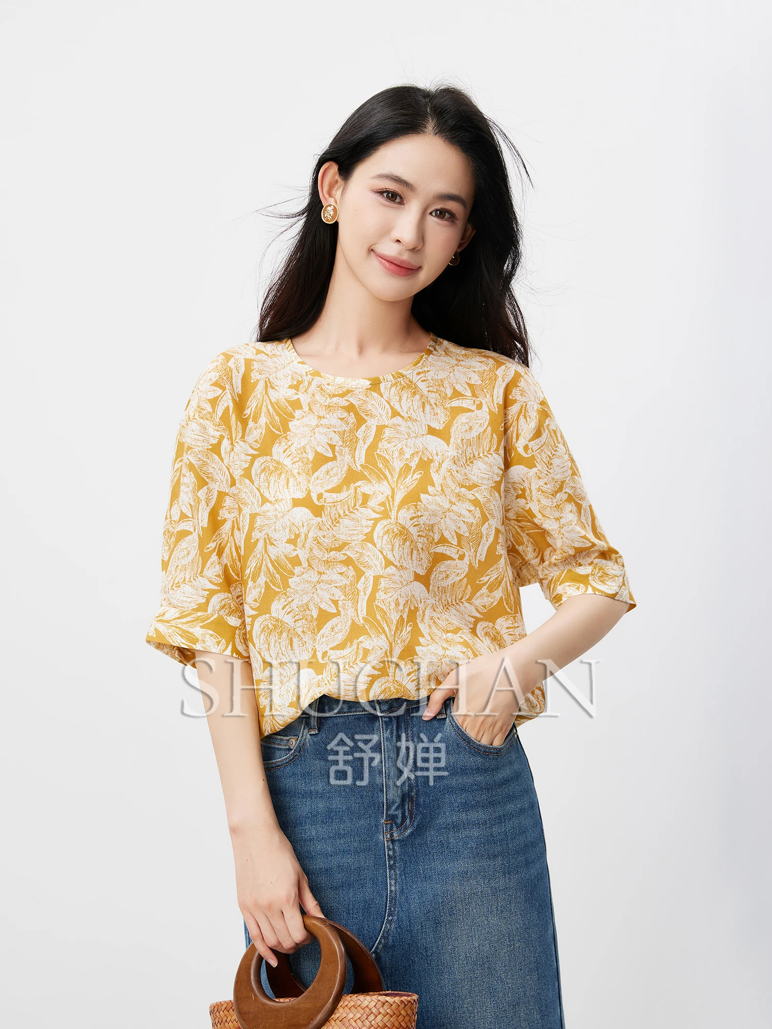 

good quality, elegance, natural linen lyocell, branch and leaf printed loose shirt 25 summer blusas mujer de moda 2025