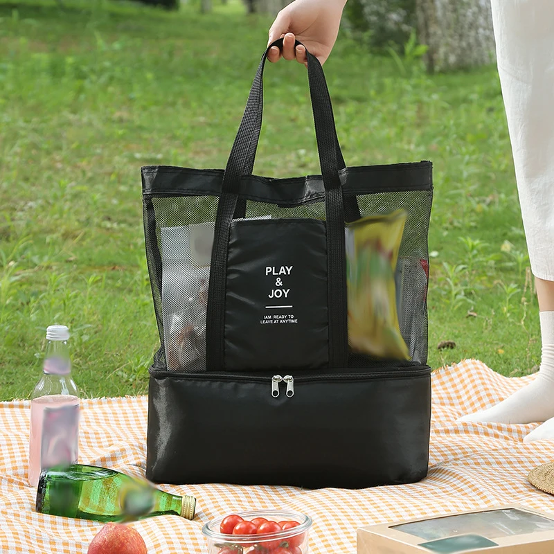 Outdoor Picnic Beach Bag Women High-Capacity Net Transparent Bag Double-Layer Tote Bag Office Heat Preservation Lunch Snack Bag