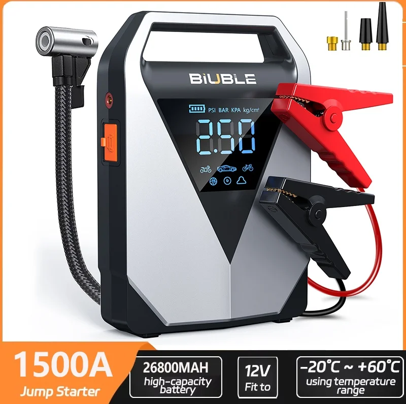 1500A Starthilfegerät mit 150PSI Luftkompressor, 12V Autobatterie-Booster, 26800mAh tragbarer Reifenfüller, Auto-Starthilfegerät mit Luftkompressor, Auto-Reifenfüller, großes LCD-Display, LED-Licht,