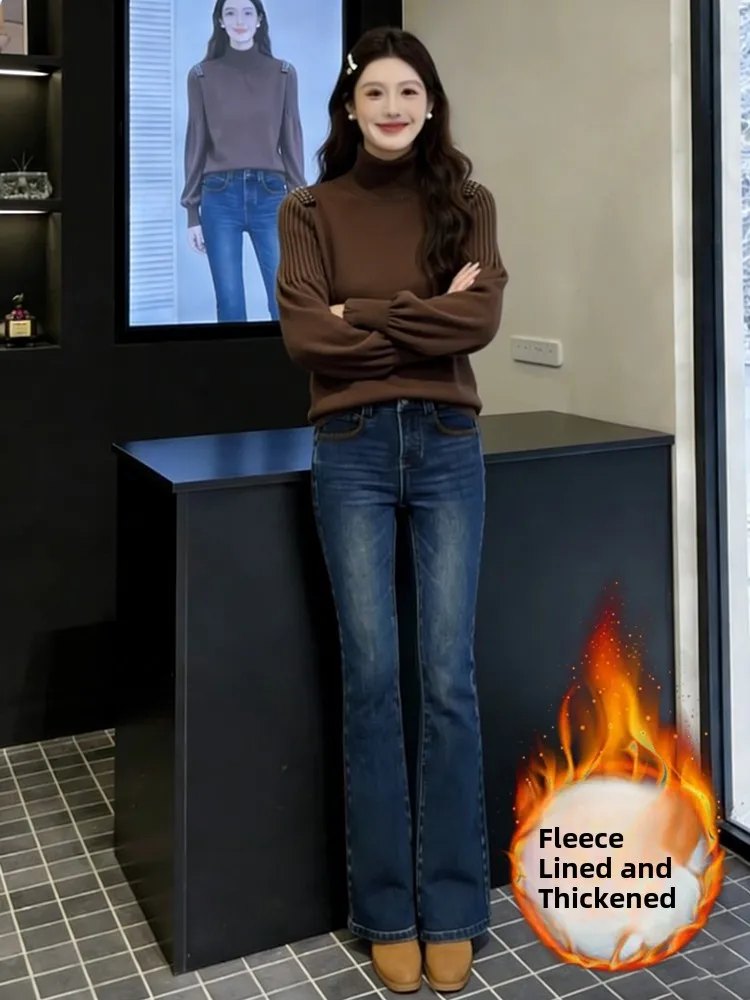 

Faionable High Collar Knitted Sweater Fce Lined Jeans Set Women's Winter New Commute Slimming Two Piece Set Women