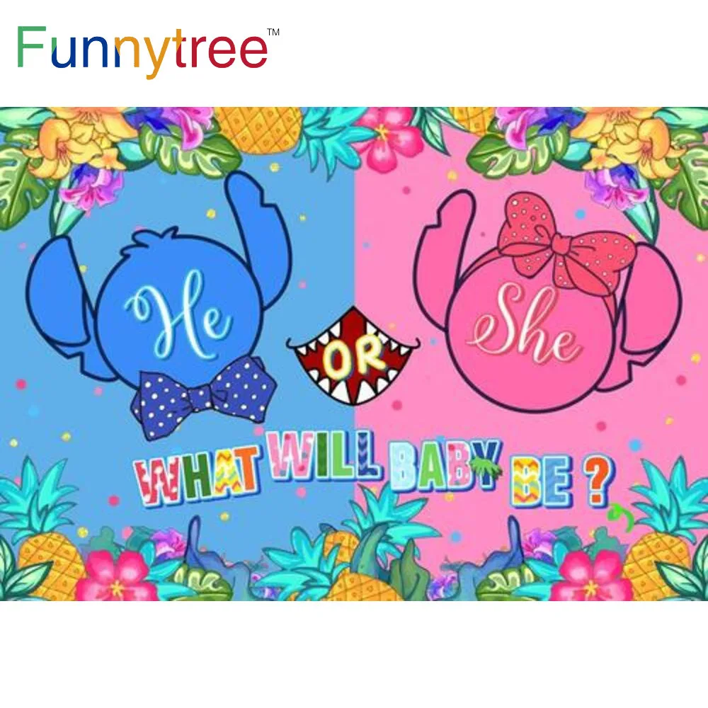 

Funnytree He or She Gender Reveal Party Background Baby Shower Blue and Pink Cartoon Theme Tropical Floral Photocall Backdrop