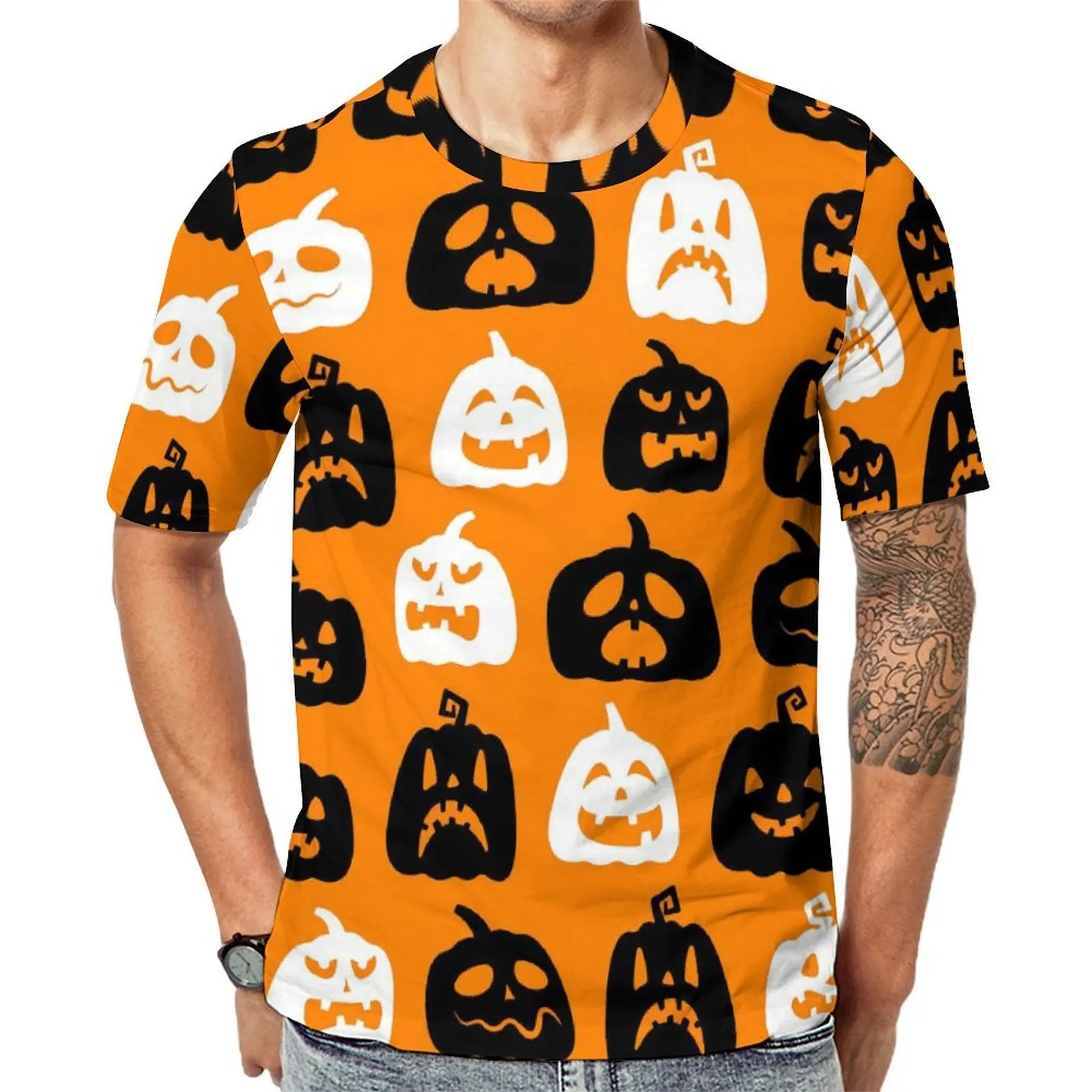 Plus Size T Shirt Beach Happy Haunts T Shirts Black White Halloween Pumpkins Funny O Neck Tshirt Mens Trending Graphic Tees