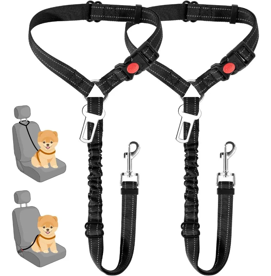 Dog Seat Belt for Car,Dog Car Harness Seatbelt Adjustable with Elastic Bungee Buffer, 2in1 Pet Leash Restraint Dog Safety Tether