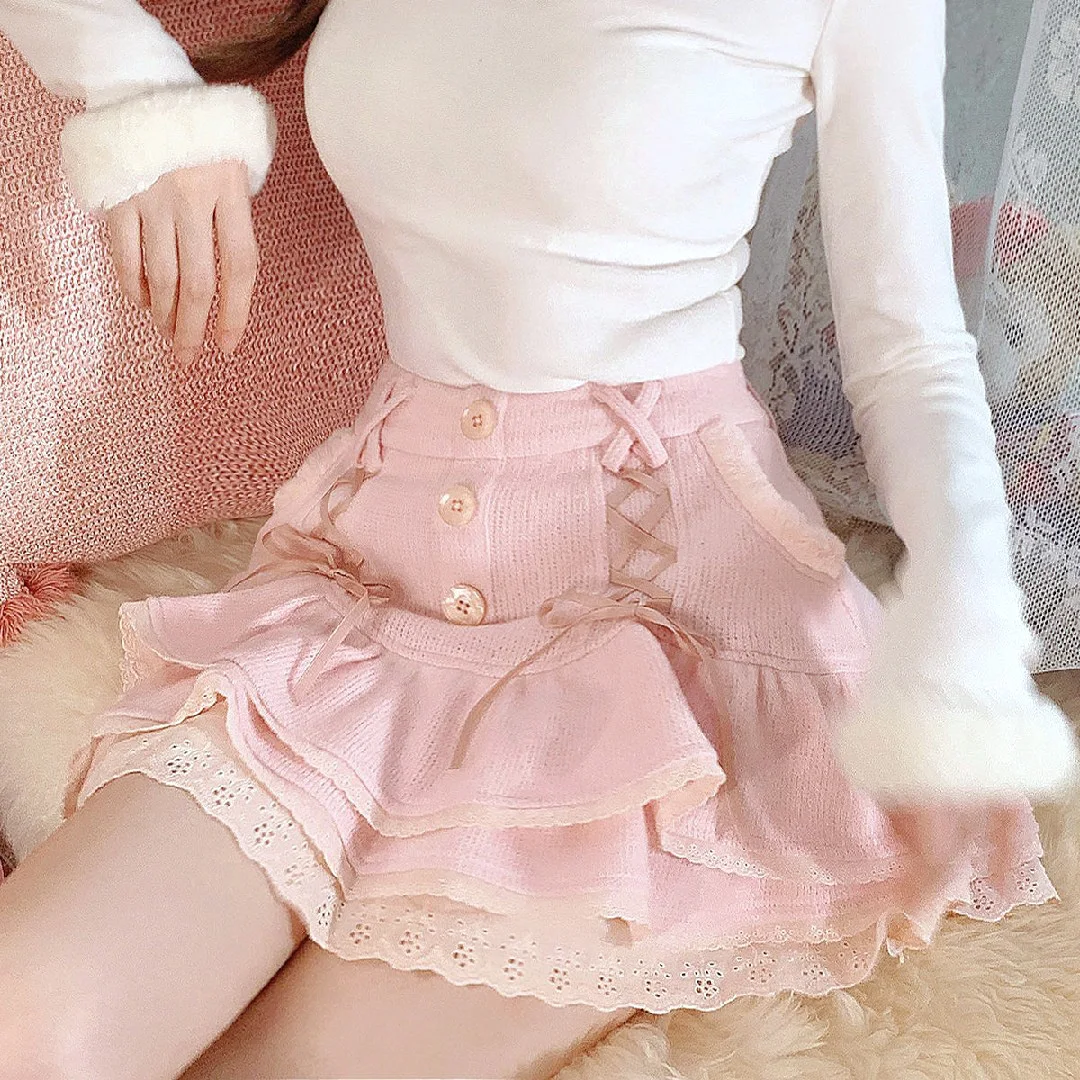 Japanese lolita kawaii clothes pink mini skirt with shorts Lace High Waist korean style women 2026 new fall White skirt fluffy