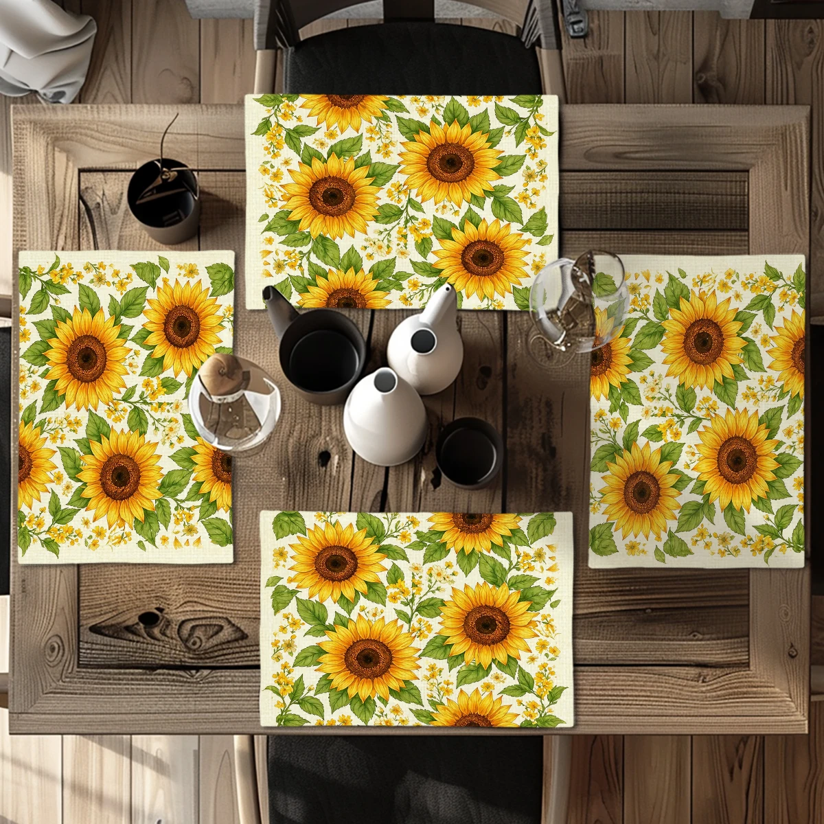 Sunflower Gnome Pattern Polyester Placemats - Set of 4, Decorative Table Mats for Dining Table, Home Kitchen & Party Use