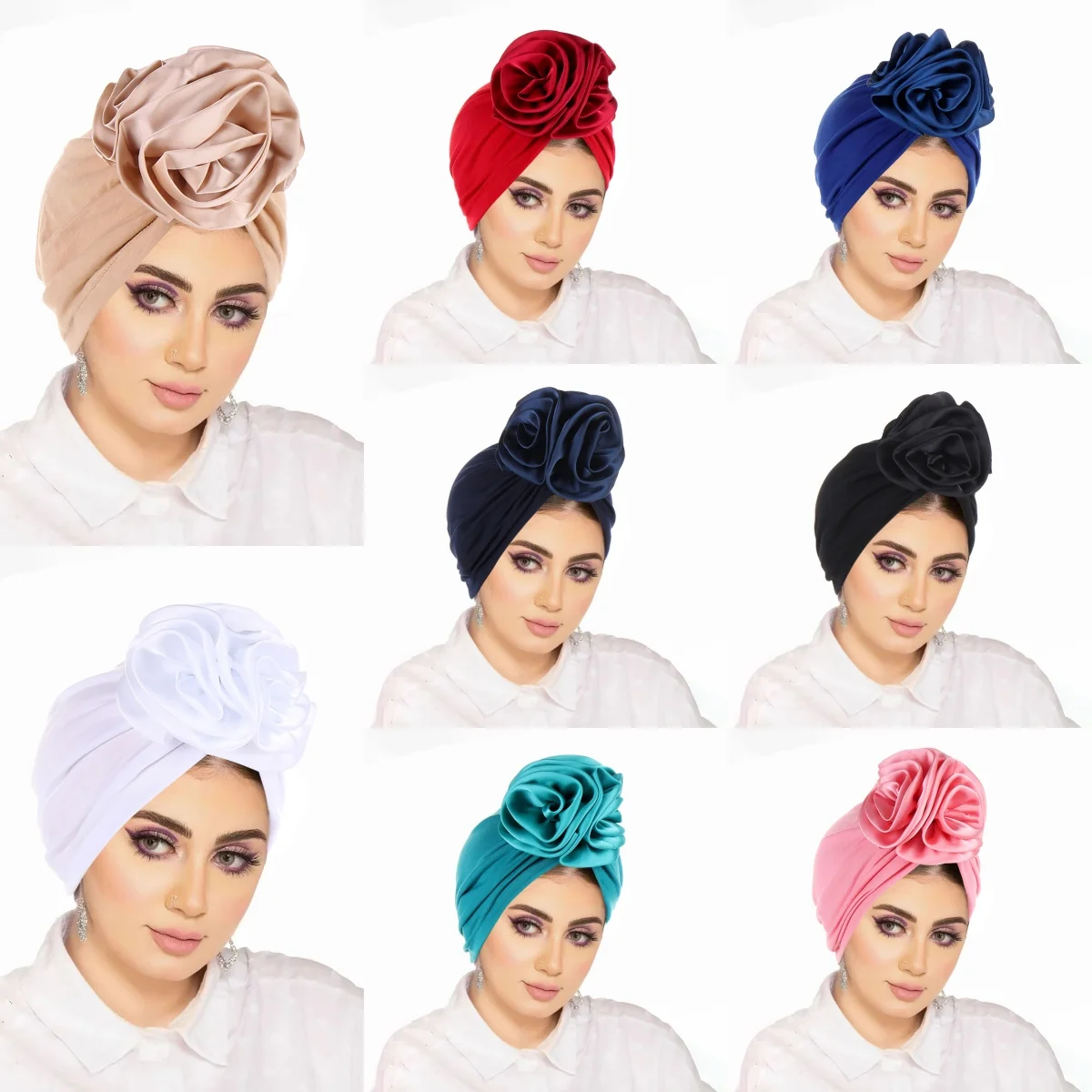 

Solid Color Fashion Satin Flowers Turban Hijab Hats African Head Wraps Elastic Muslim Hats Breathable Chemo Cap For Women Girls