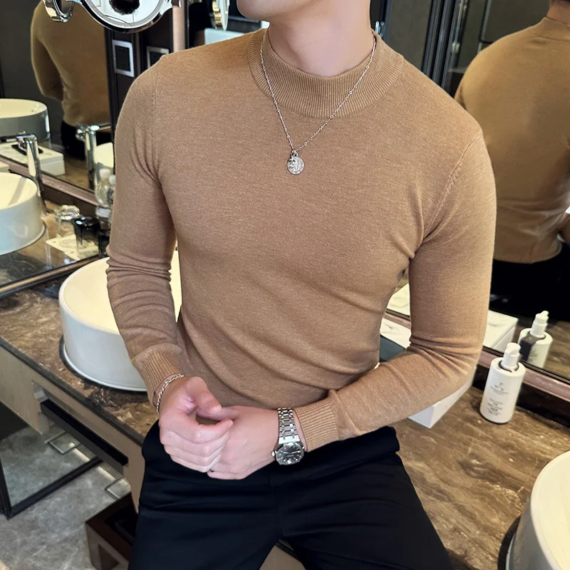 Autumn Winter Half High Neck Men Sweater High Quality Solid Color Knitted Wool Pullover Men Long Sleeve Slim Fit Casual Sweater