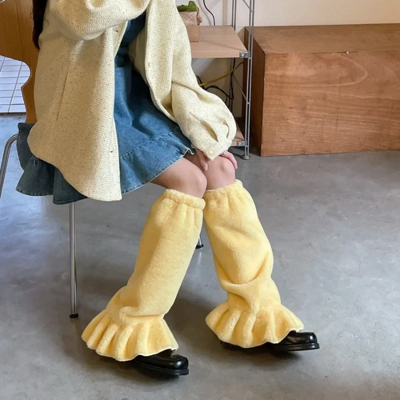 Calentadores de piernas peludos lisos Kawaii para mujer, calcetines japoneses Jk Harajuku, calcetines Y2k estéticos para estudiantes, pie largo de invierno 2024