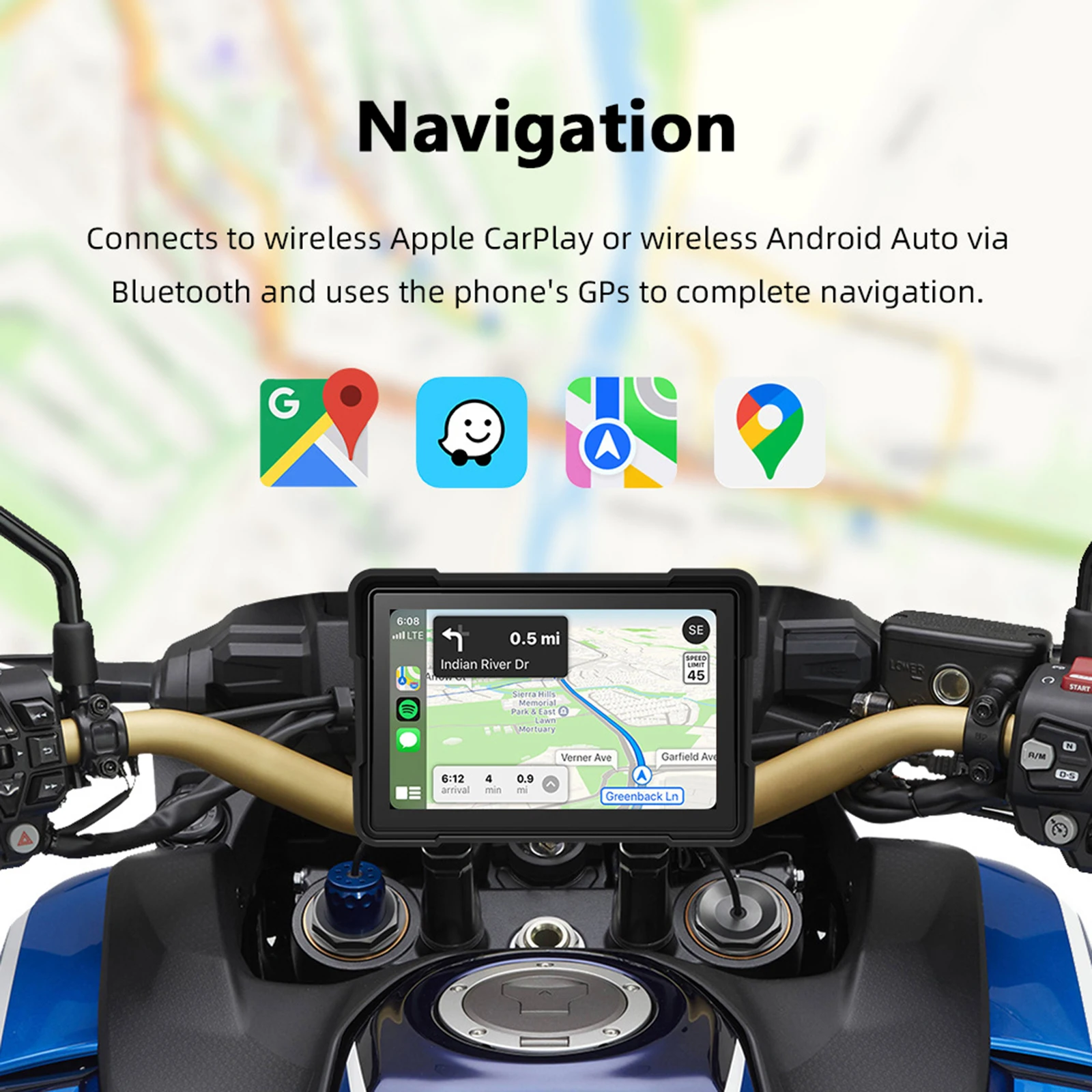 Navegação GPS portátil da motocicleta CarPlay, tela de toque impermeável externa, suporte CarPlay, Android Auto, 5 \