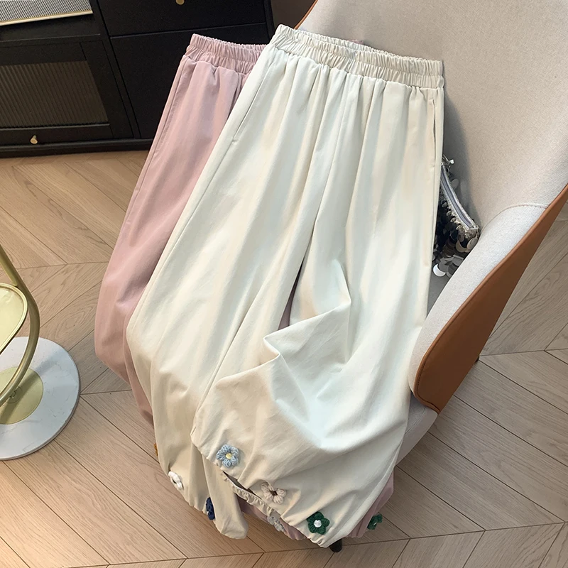 

Летние повседневные брюки с высокой талией, свободные, широкие, с цветочной вышивкой, фасона «фонарики», женские, удобные, из хлопка.