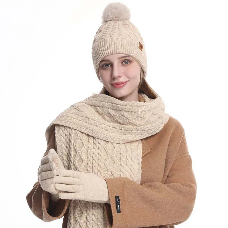 متماسكة وشاح قفازات قبعات ثلاث قطع مجموعة للنساء الشتاء رشاقته الدافئة قبعات حريمي في الهواء الطلق Coldproof قبعة وشاح قفاز مجموعة