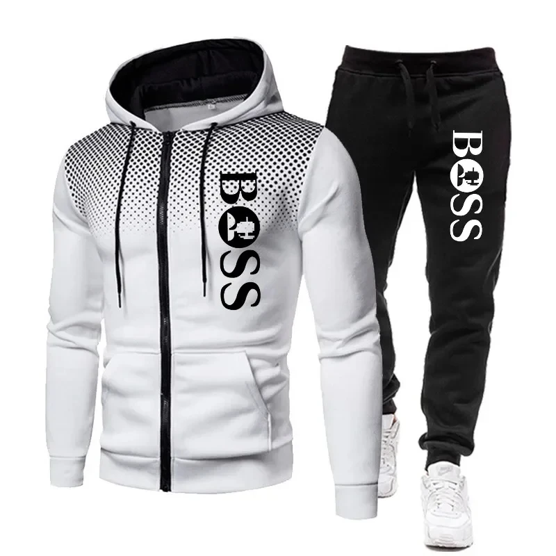 2025 Autumn/Winter Outdoor men's casual sports wear fitness suit zipper hooded jacket + jogging pants two-piece set