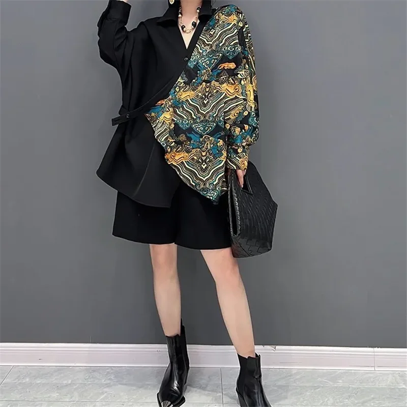 Thin 2024 Spring Summer New Fashion Shirt V-Neck Join Together Loose Temperament Cardigan Printing Blazer Overcoat Female