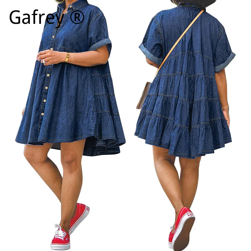 

XL Plus Size Women Denim Dress Short Sleeve Slim Fit Flared Hem A Line Cute Party Dress Vintage Casual Fashion Midi Dress Outfit