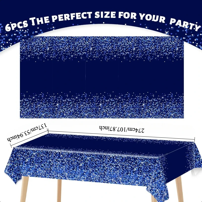 1 PC Denim Diamond Pattern Plastic Tablecloth Navy Blue Silver Glitter Waterproof Disposable for Wedding Birthday Party Decor