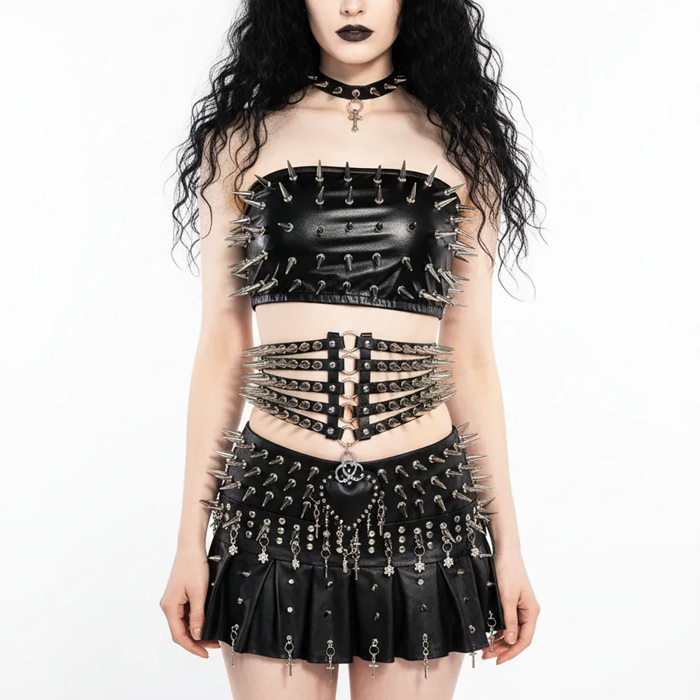 

Gothic DIY Spike Studded Rivet Emo Y2K TOPS Skirts Glitch Core Club Wear Goth Cummerbunds Harajuku E-Girls Grunge Punk Rock