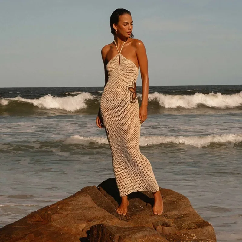 ชุดคลุมชายหาดถักนิตติ้งแบบเซ็กซี่ ซีทรู ผ่าข้าง ทรงบอดี้คอน ชุดเดรสฤดูร้อน ชุดคลุมบิกินี่ ชุดเดรสชายหาดแบบผูกคอสุดหรู