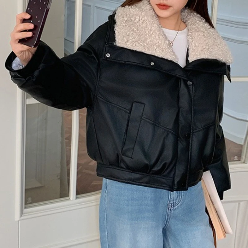 Lambskin Cotton-padded Collar Women's Clothes Short Lamb Wool Down Cotton-padded Jacket Coat Winter Lapel Zipper Vintage Coat