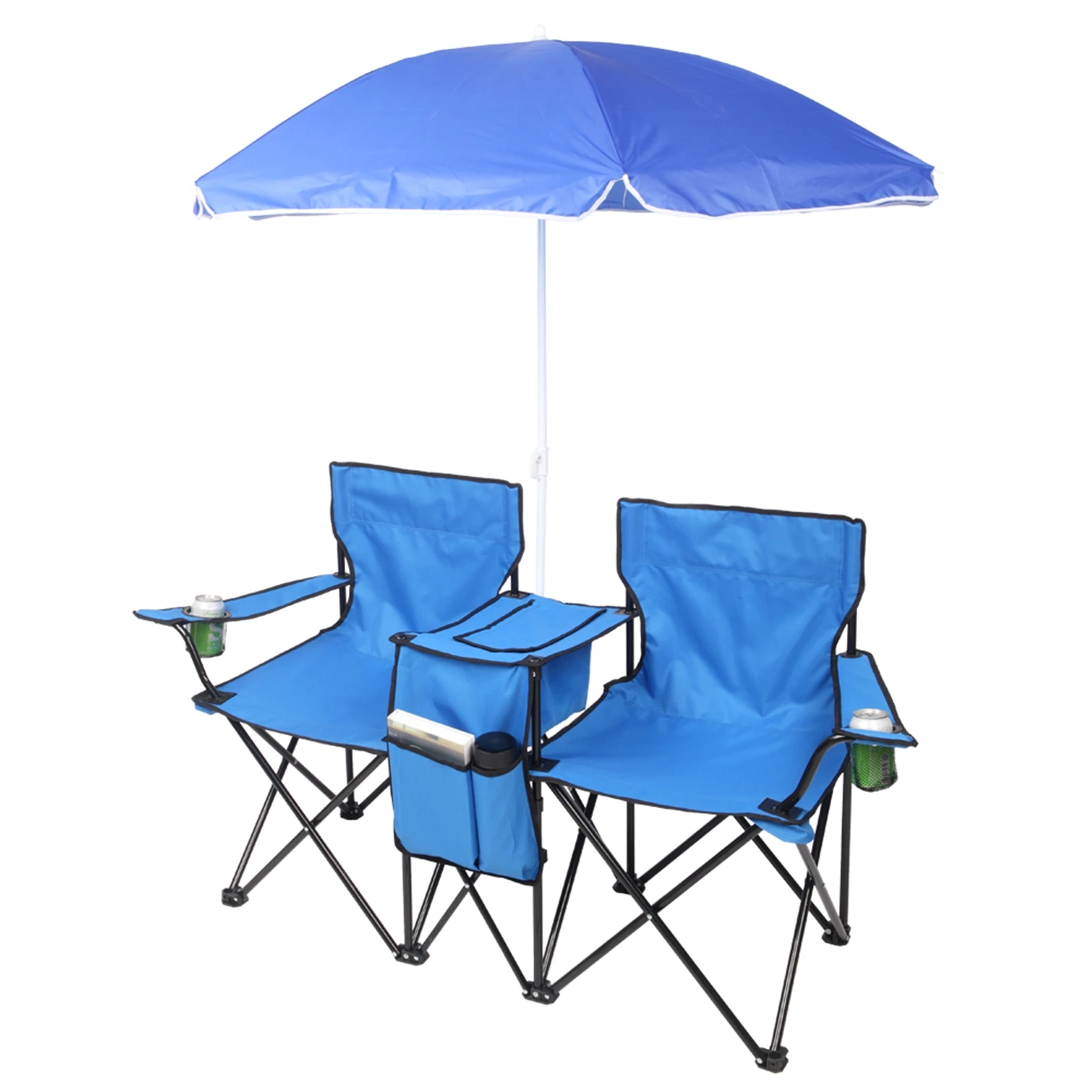 Beach Chair USA Removable Sun Umbrella Blue Adjustable Headrest Portable High Strength Outdoor 2-Seat Folded Beach Chair