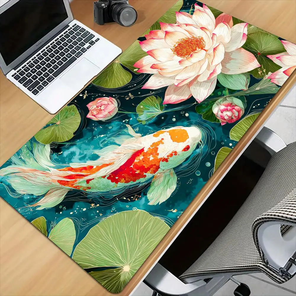 Koi and lotus Mouse Pad Desk Mat with Stitched Edge XXL Mousepads Rubber Anti-slip Gamer Keyboard Rug Gaming Mats Extended pad