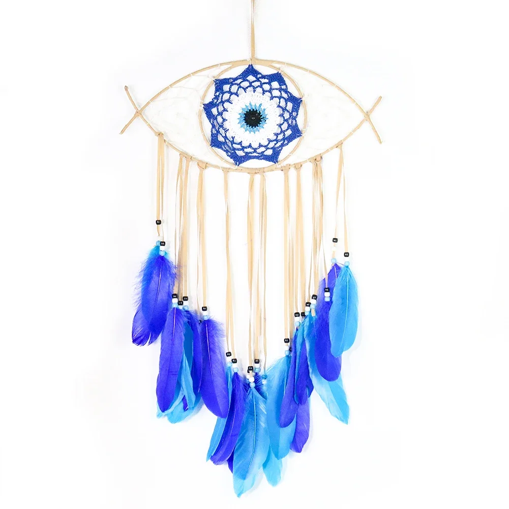 Colgante de flor de Mandala tejido a mano, atrapasueños de plumas azules, Ojo Azul de pavo, decoración colgante de pared, manualidades para adorno de dormitorio