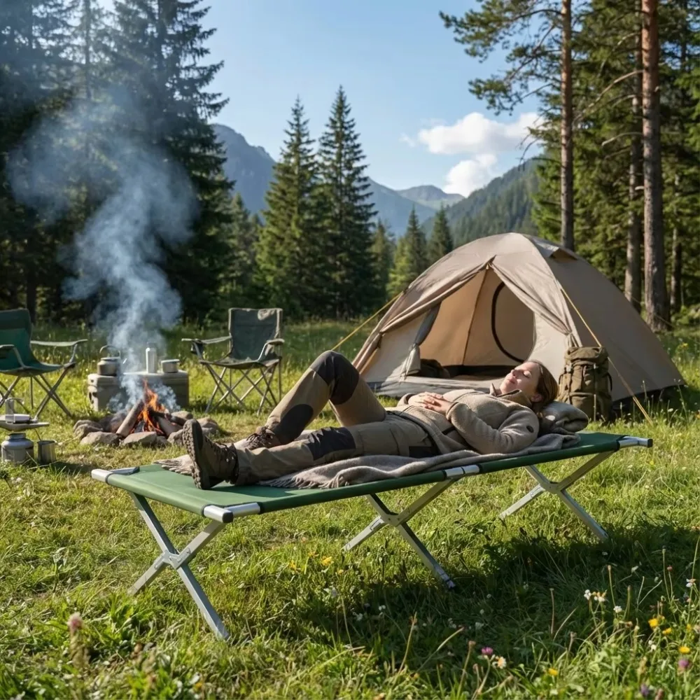 

Высококачественная портативная раскладная кровать для кемпинга на открытом воздухе, складная кровать-раскладушка для взрослых, дорожная кровать для кемпинга с металлическим каркасом.