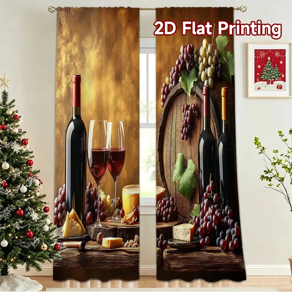 2D flat 2pcs Curtain Retro Country Style Grapes and Cheese Durable polyester fiber Party Decorations Perfect for Yard & Garden