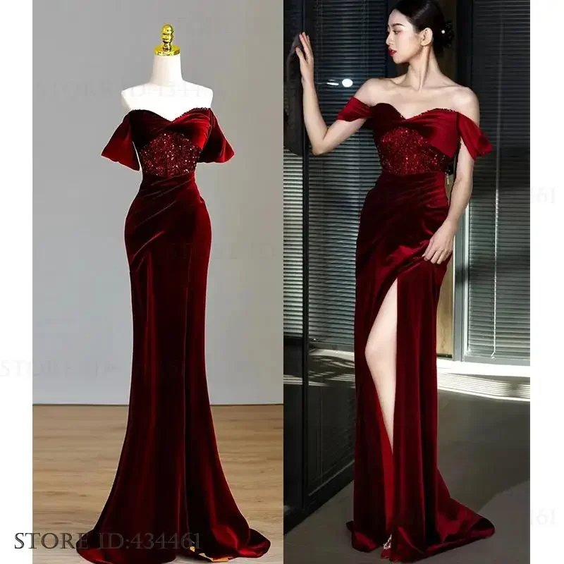 Sexy off-shoulder split galajurk herfst winter nieuwe fluwelen vrouwelijke avondfeestjurk bordeaux slanke zeemeermin maxi-jurk vestidos