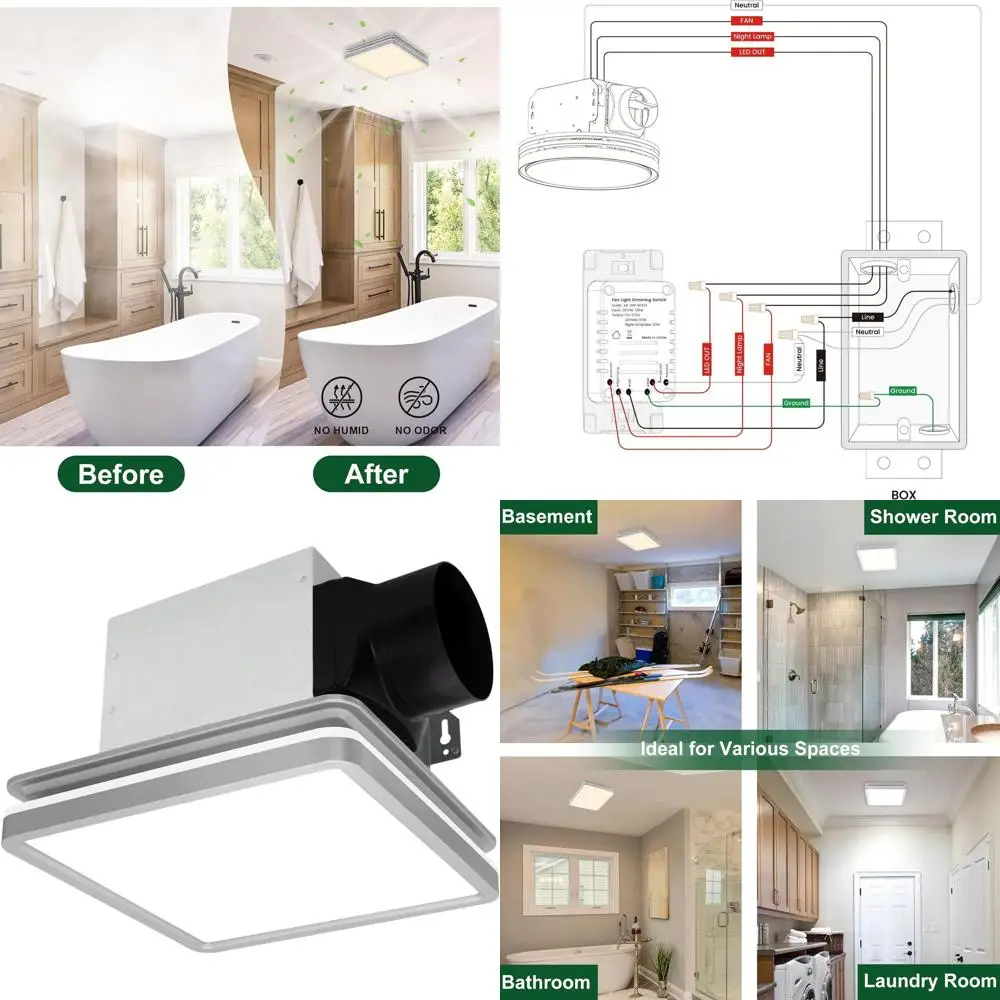 

15W 3CCT Dimmable LED Shower Light with 3.5W Night Light, 80cm Square, Silver for Bathroom Ventilation