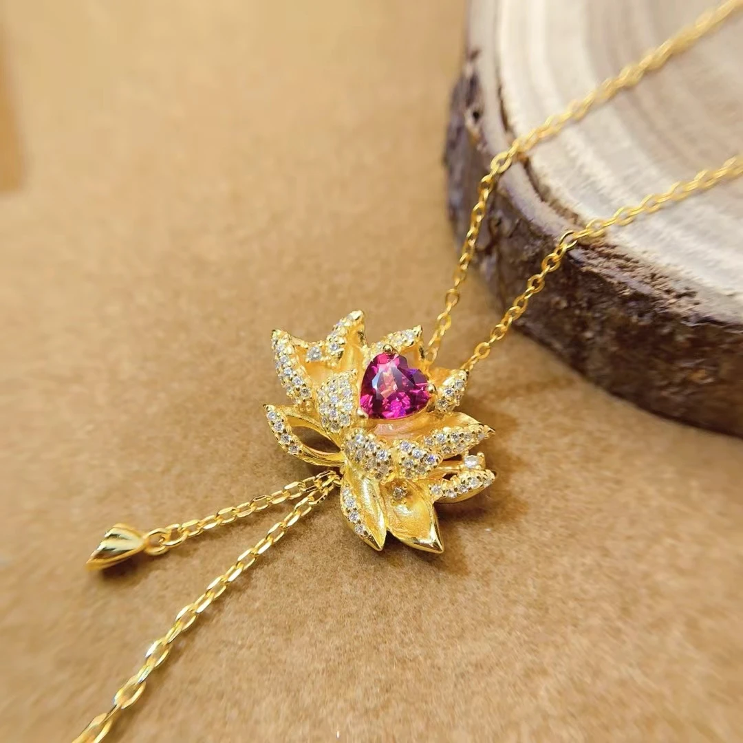 

Pure 925 Silver Lotus Flower Pendant 6mm Natural Pyrope Garnet Pendant 18K Gold Plated Silver Garnet Necklace for Party