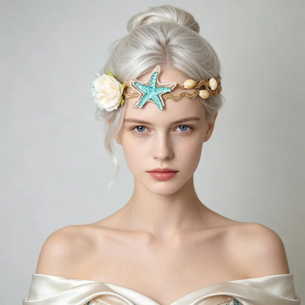 Girls Beach Photo Princess Headband Starfish Shell Wreath Kids Vacation Travel Hair Band Bohemian Seaside Hair Accessories view 5