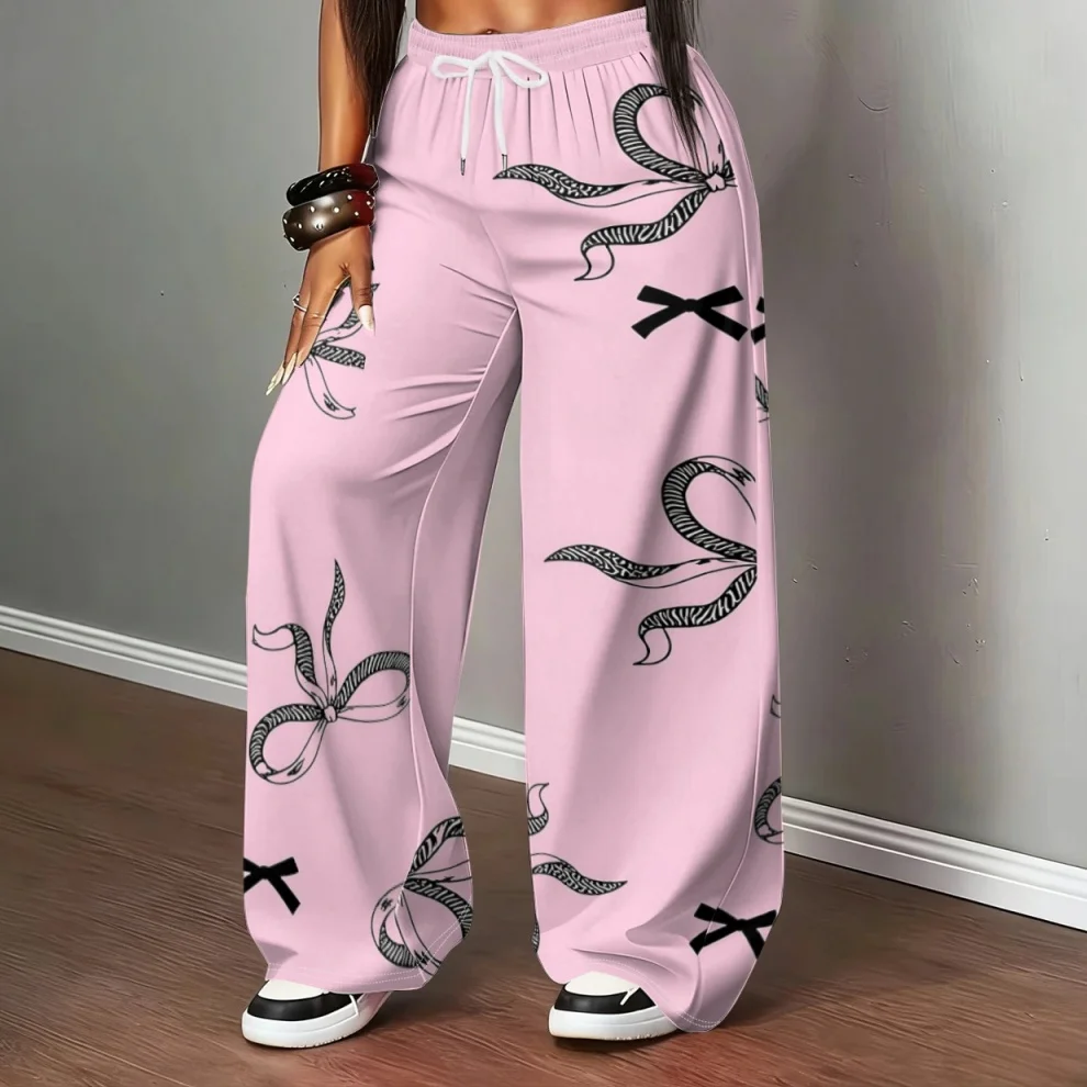 Damen Mädchen Kinder Rosa Schleifendruck Elastische Taille Weite Hose Frühling/Herbst Coquette Lässiges Streetwear-Outfit – Detail 7