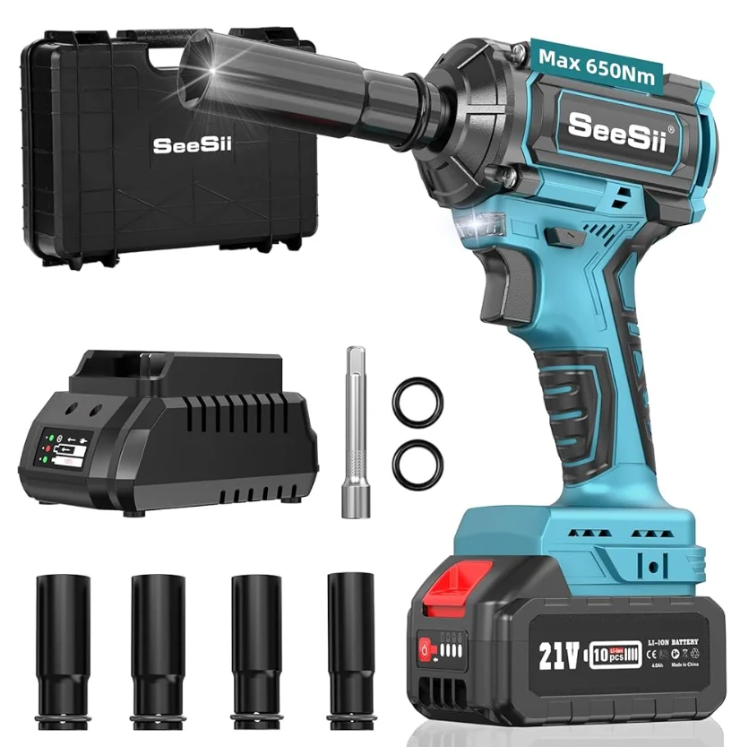 SEESII 650N.m Cordless Impact Wrench 1/2'' Brushless Electric Wrench Compact Power Impact Gun Power Tools for Home Car Truck