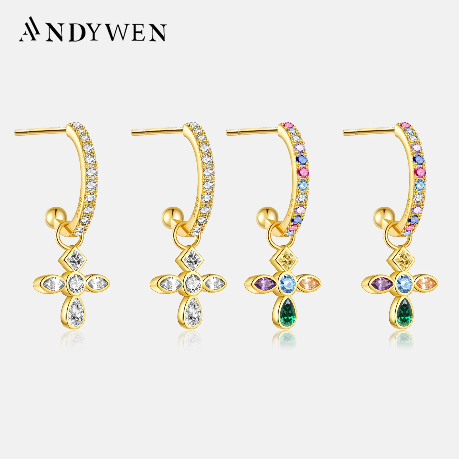 ANDYWEN 925 Sterling Silver Spring Gold Clear Zircon Charm Cross Rainbow Drop Earring Gift Jewelry 2023 Fine Jewellry Clip