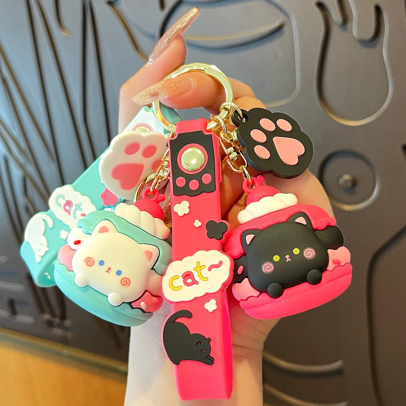 Cartoon Macarons Kitty Burger Keychain Creative Personality Cat Hamburger Bag Car Pendant Keyring for Couple Women Cute Ornament