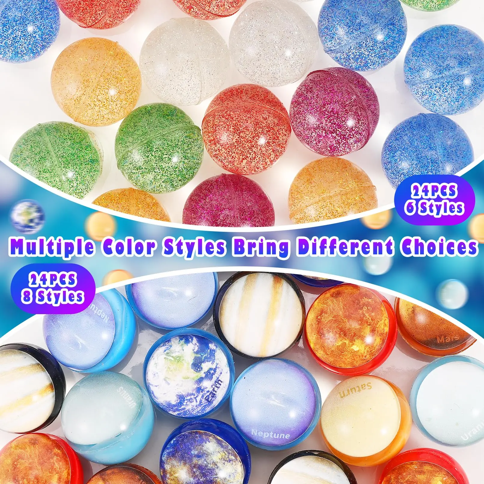 10/20pcs 32mm Space Theme Glitter Bouncy Ball Toys Kids Birthday Party Favors Classroom Prizes Goodie Filler Pinata Guest Gift