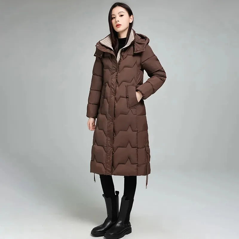 Długi płaszcz zimowy damski koreański 2025 z kapturem, parki, ciepły, gruby, czarny, beżowy, wiatroodporny, płaszcz puchowy z bawełny, odzież wierzchnia