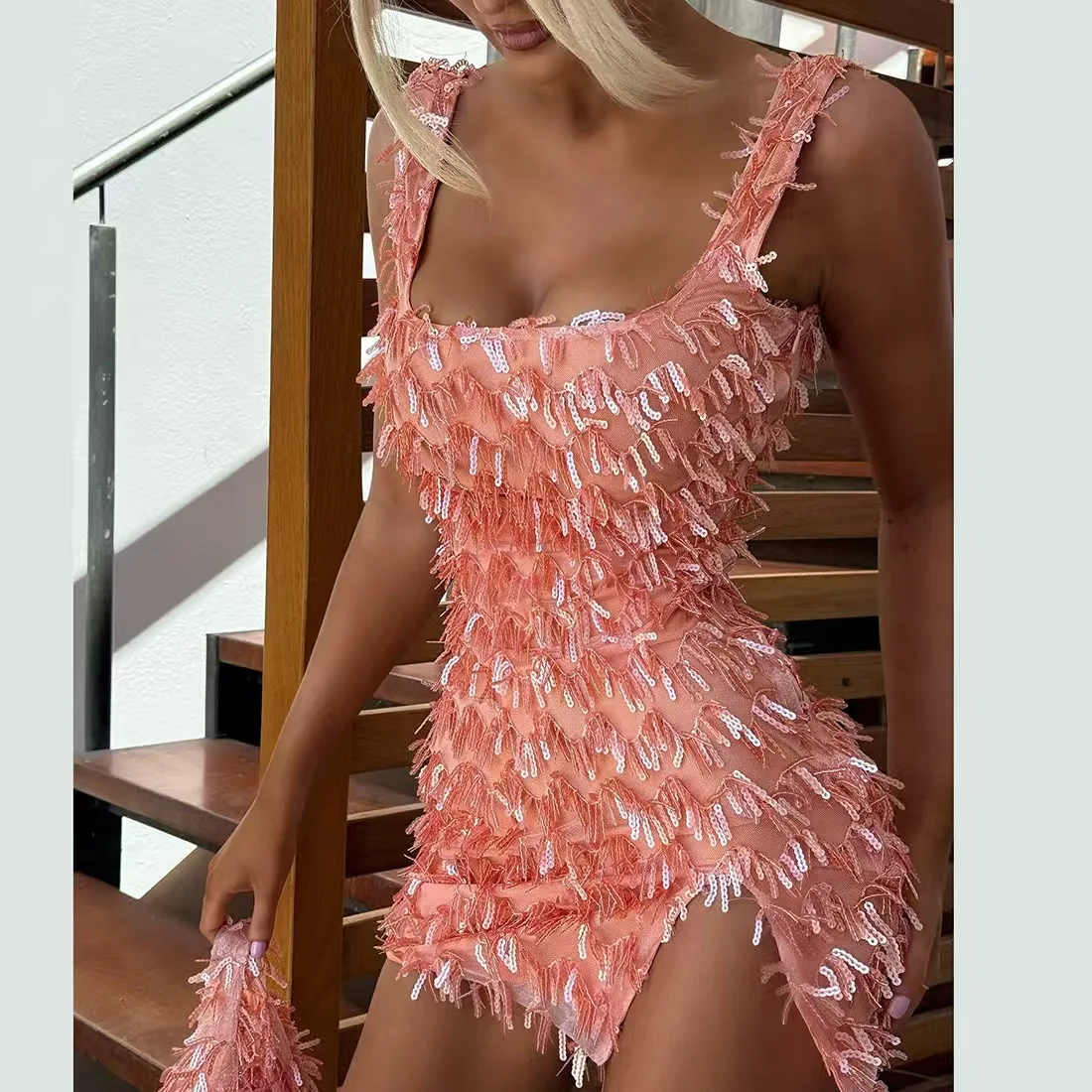 

Spring Summer New Sexy Camisole Off Shoulder Women Hip Hugging Dress Fashion Slit Female Fur Dresses